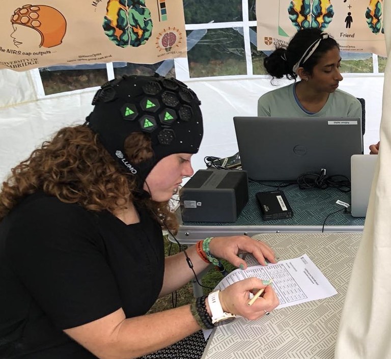 PhD student monitors the brain activity of volunteers listening to music at festival PhD student monitors the brain activity of volunteers listening to music at festival